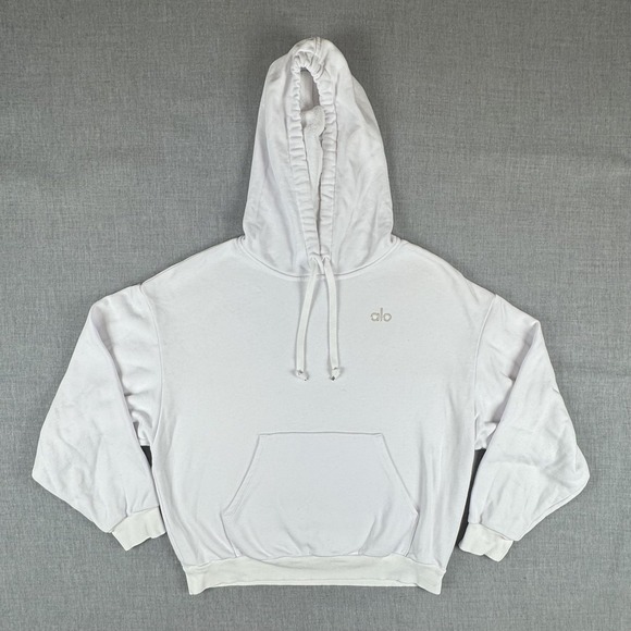 ALO Yoga Tops - Alo Cropped Hoodie Womens Large White Fleece Kangaroo Pocket Pullover Sweatshirt